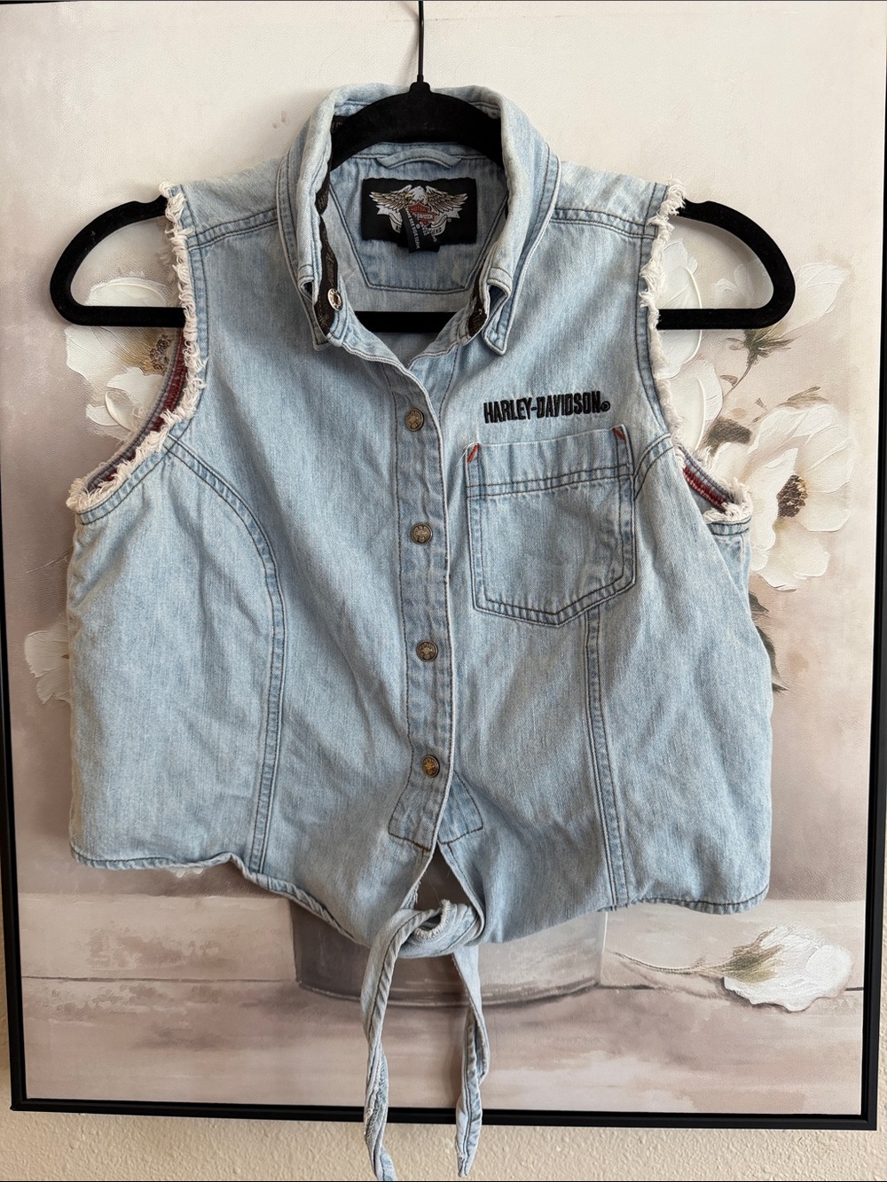 Vintage Harley Davidson Denim Tie-Front Biker Vest